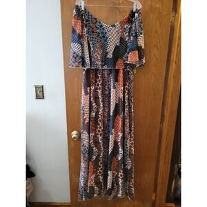 Vertice Patchwork Pattern Fall Off The Shoulder Flowy Feminine Date Dress M EUC